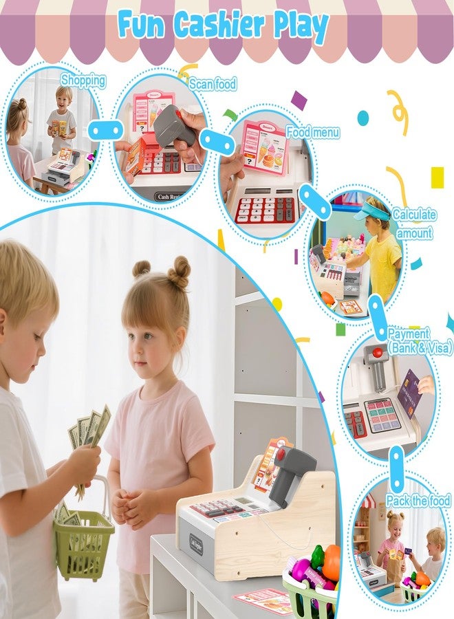 maysida Rechargeable Wooden Kids Cash Register with Scanner, Pretend Play Cash Register Toy with Fake Money, Food, Credit Card, Toddler Boys Girls Age 2-4 4-8 - Image 2